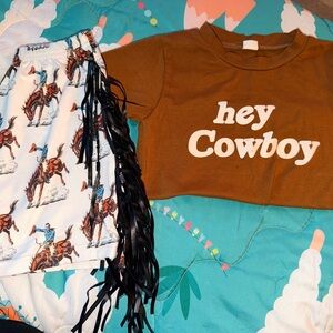 Brown 'Hey Cowboy' T-Shirt and Cowboy Print Skirt Set